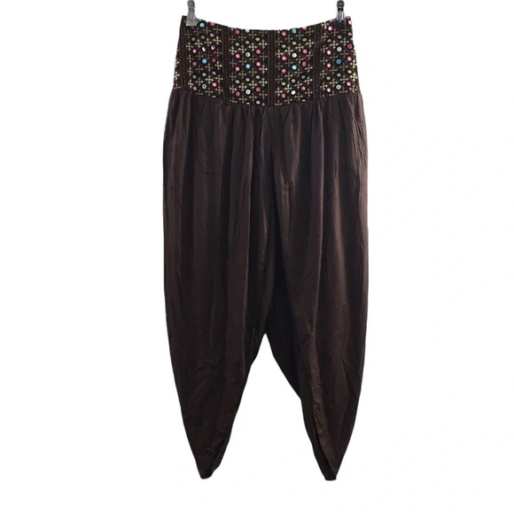 Earthbound Brown Harem‎ Pants Womens Small Capris Embroidered Waistband Gypsy - Picture 1 of 12